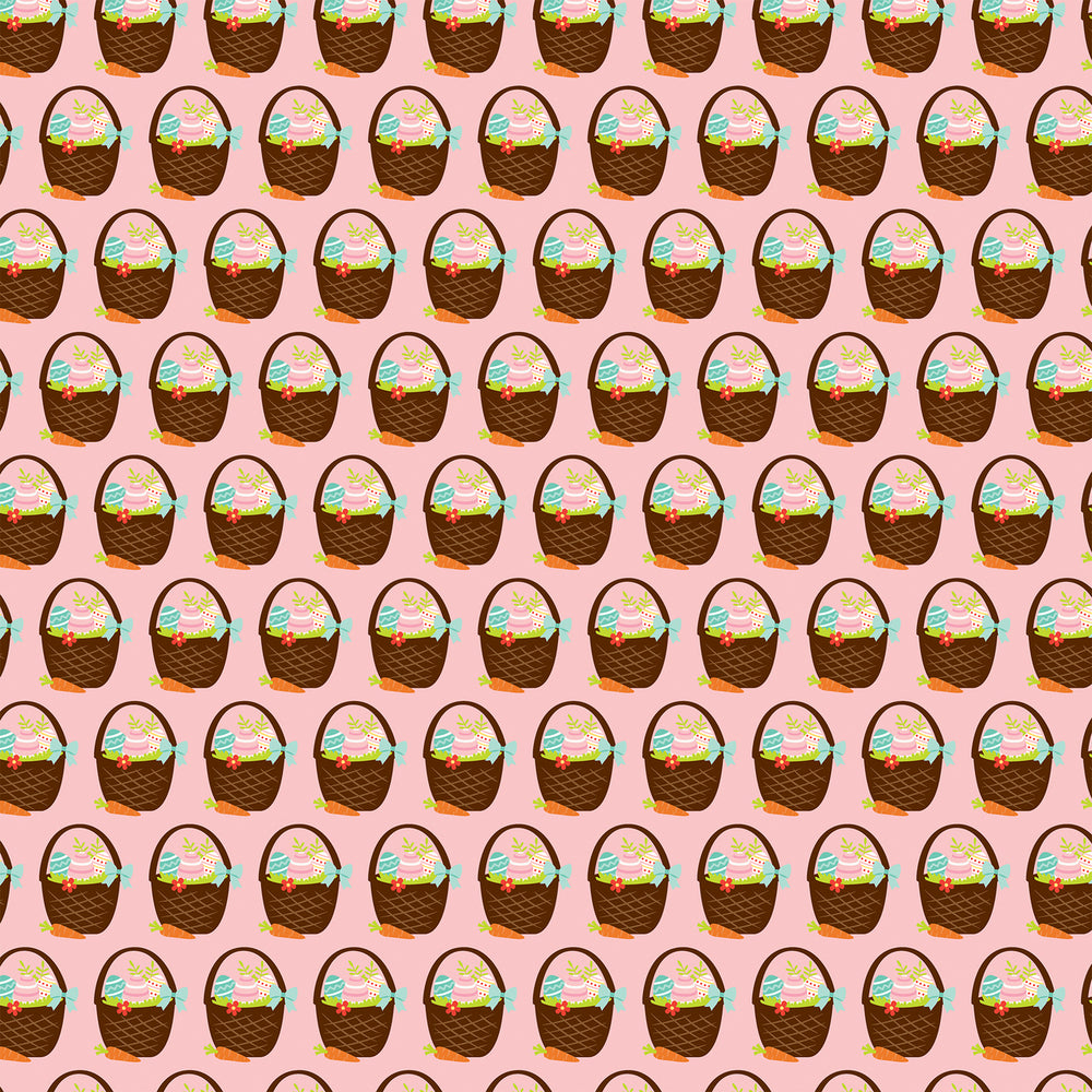 12x12 cardstock with rows of Easter baskets full of colorful eggs on pink background
