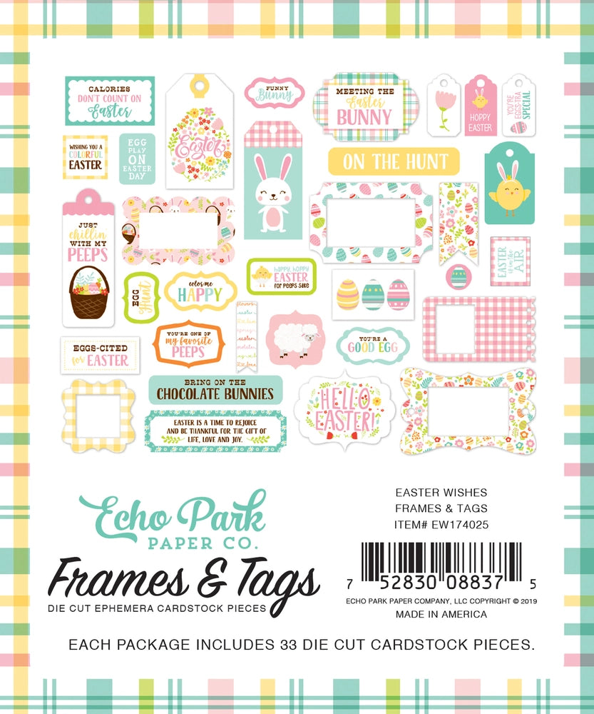 Easter Wishes Frames & Tags Die Cut Cardstock Pack. Pack includes 33 different die-cut shapes ready to embellish any project. Package size is 4.5" x 5.25"