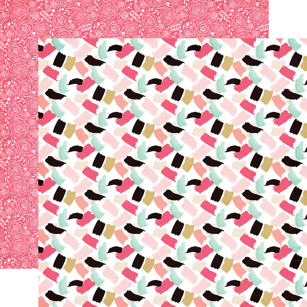 12x12 Double-sided pattern paper. Multi-Colored (Side A - pink, mustard yellow, mint and black, bold brush strokes on a white background, Side B - white floral pattern on a bright rosy pink background)  