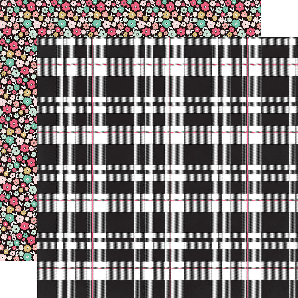 12x12 Double sided pattern paper. Side A -bold black plaid with pink accent on a white background, Side B -  pink, yellow, and mint, small flowers on a black background.