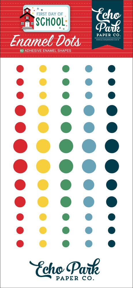 Enamel Dots from the First Day of School Collection by Echo Park Paper. Package includes 60 adhesive enamel dots in various sizes with bright school colors.