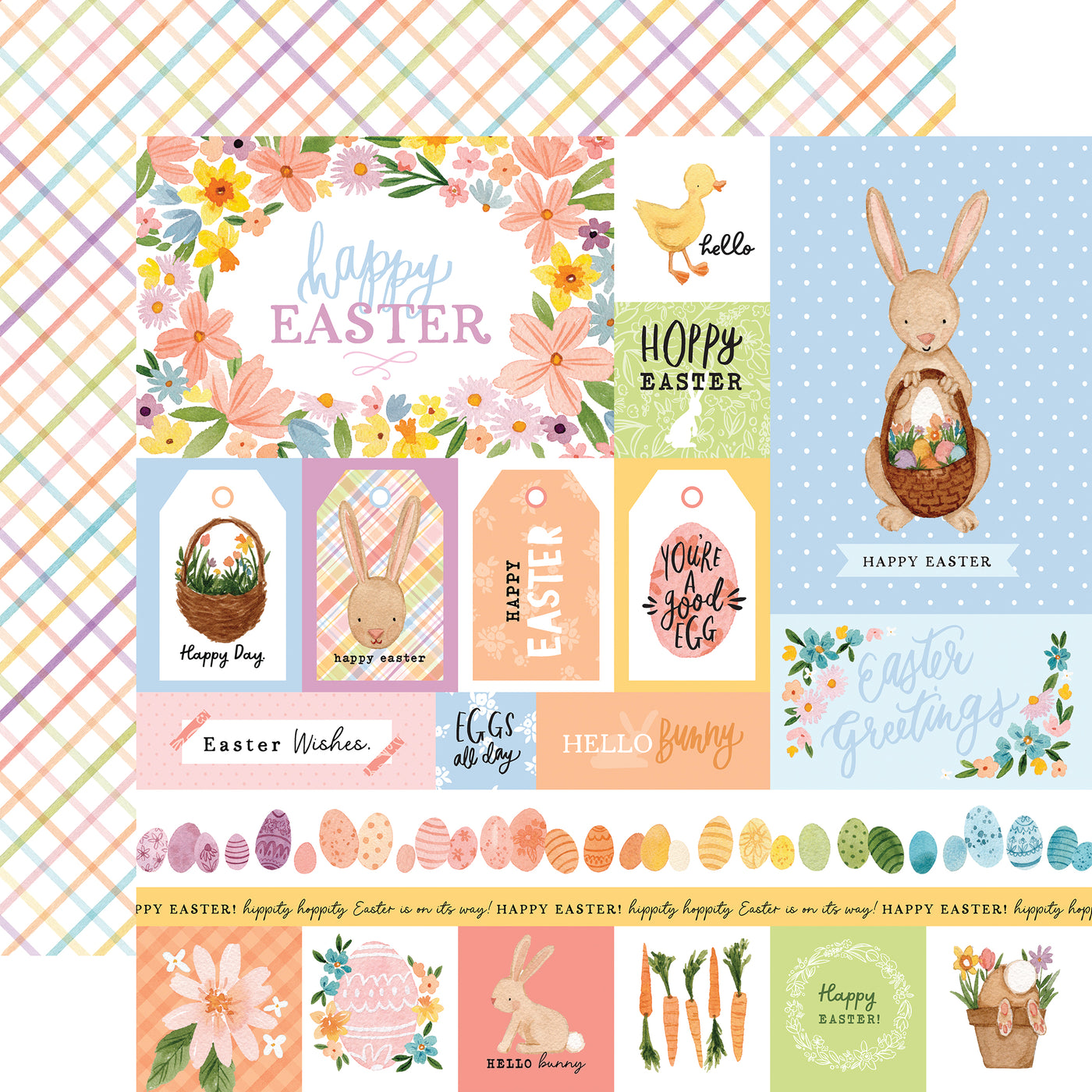 The front side of this paper has multi journaling cards and has adorable Easter images along with border pieces, tags, frames that can be added to lots of different projects. The reverse side of the paper is a diagonal plaid made up of all the pastel colors used in this collection. 