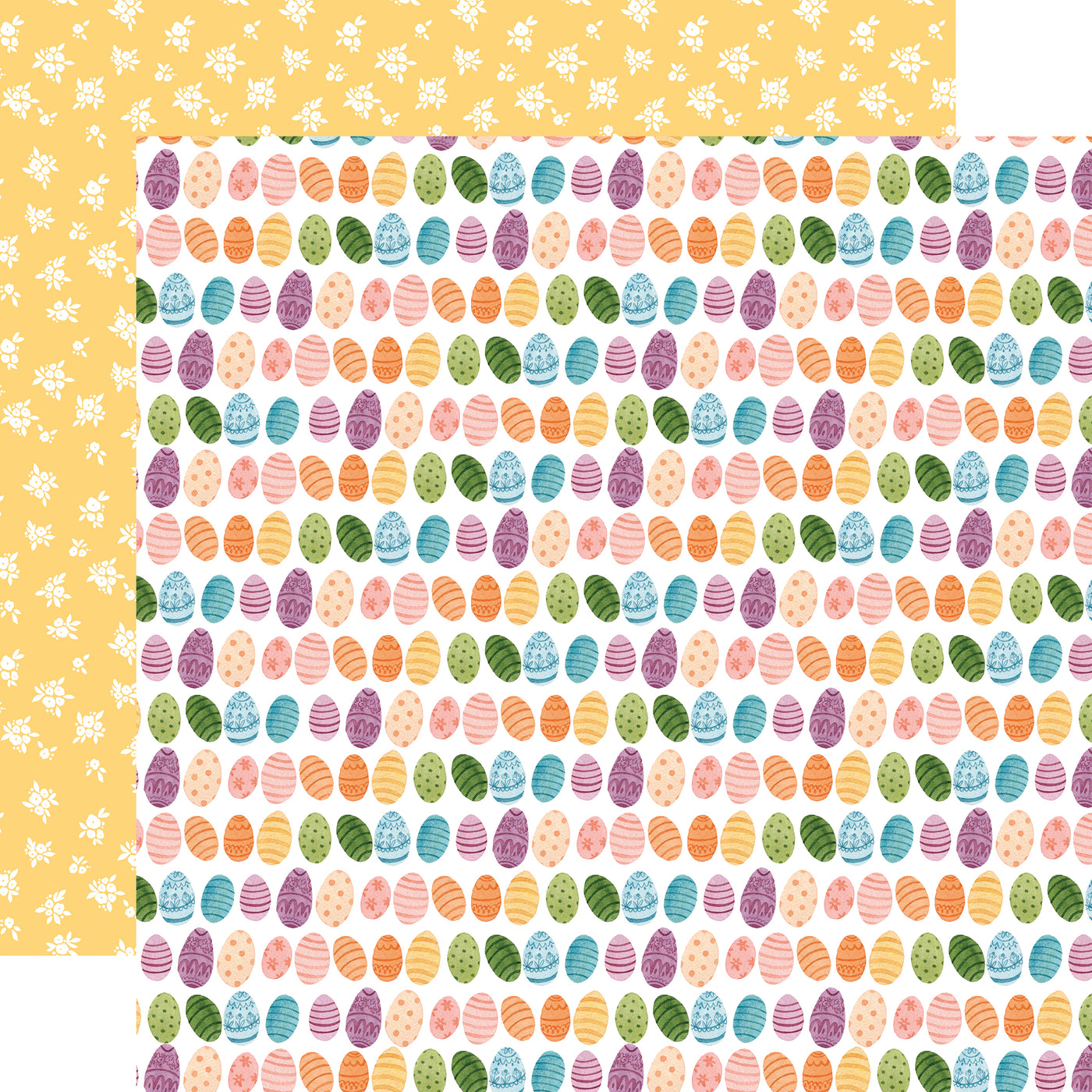 The front side of this paper is full of rows of eggs in all the colors used in this collection. The reverse side has small white flower bouquets on a yellow background. 