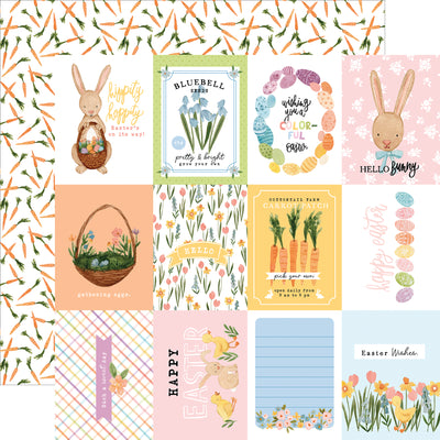 The front side of this paper has twelve 3" x 4" journaling cards with the adorable bunny and chicks used throughout this collection. The reverse side is full of carrots.