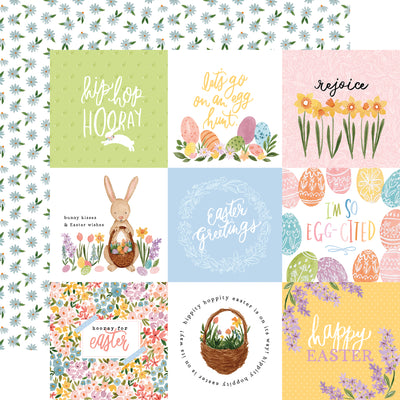 The front side of this paper has nine 4" x 4" journaling cards full of flowers, eggs, and the bunny in pastel shades. The reverse side has a white background with lots of blue daisies. 
