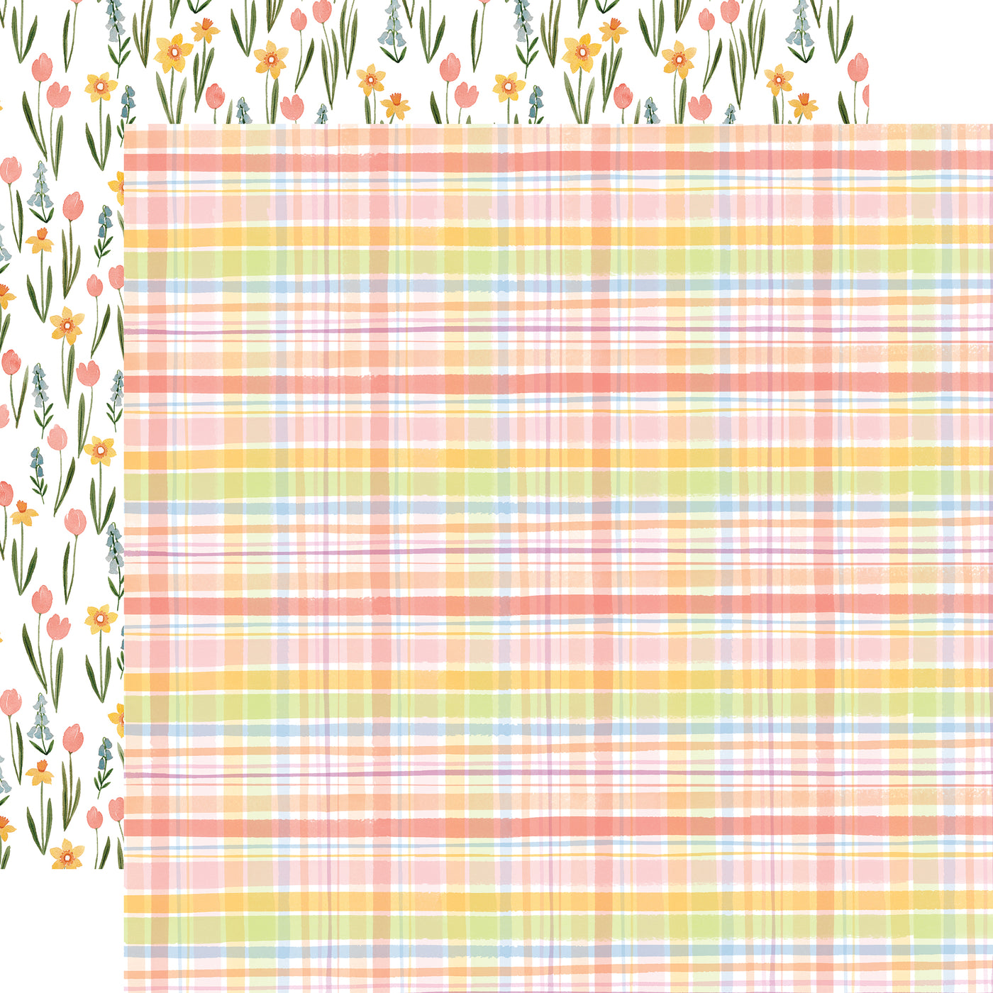 The front side of this paper is a pastel plaid design and the reverse side is full of small springtime flowers in a variety of colors.