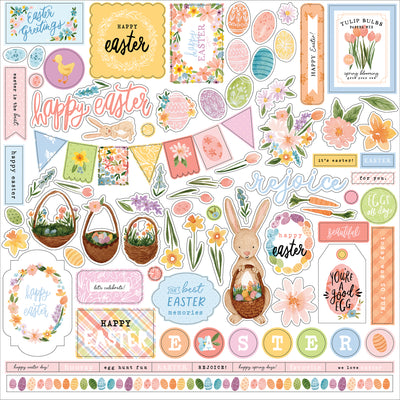 This sheet contains a multitude of Easter images. You get the bunny holding an Easter basket full of eggs, three separate Easter baskets, banners, tags, frames, border pieces, carrots, single flowers, painted eggs, the words happy Easter, and more. 