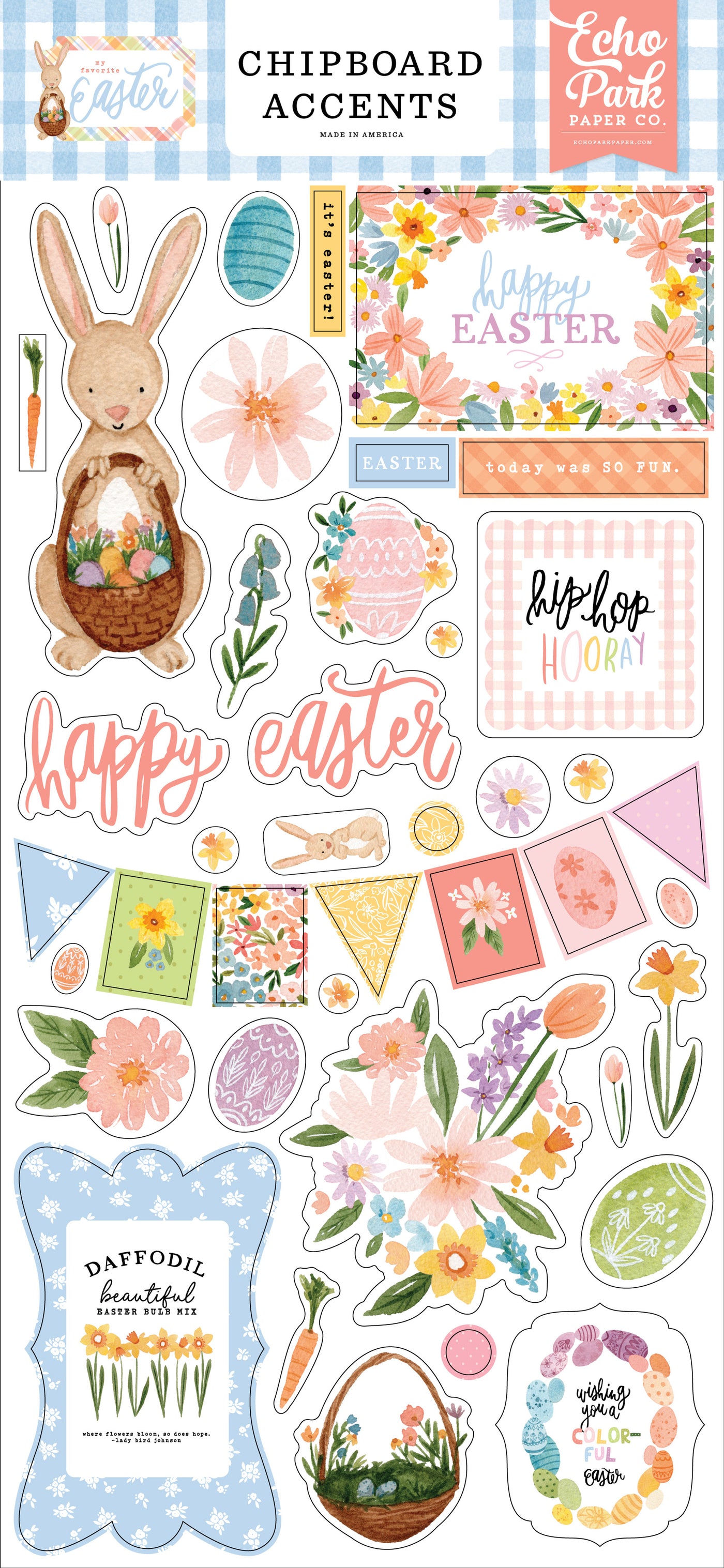Easter accents on adhesive chipboard. Coordinates with My Favorite Easter Collection papers for springtime paper crafting.