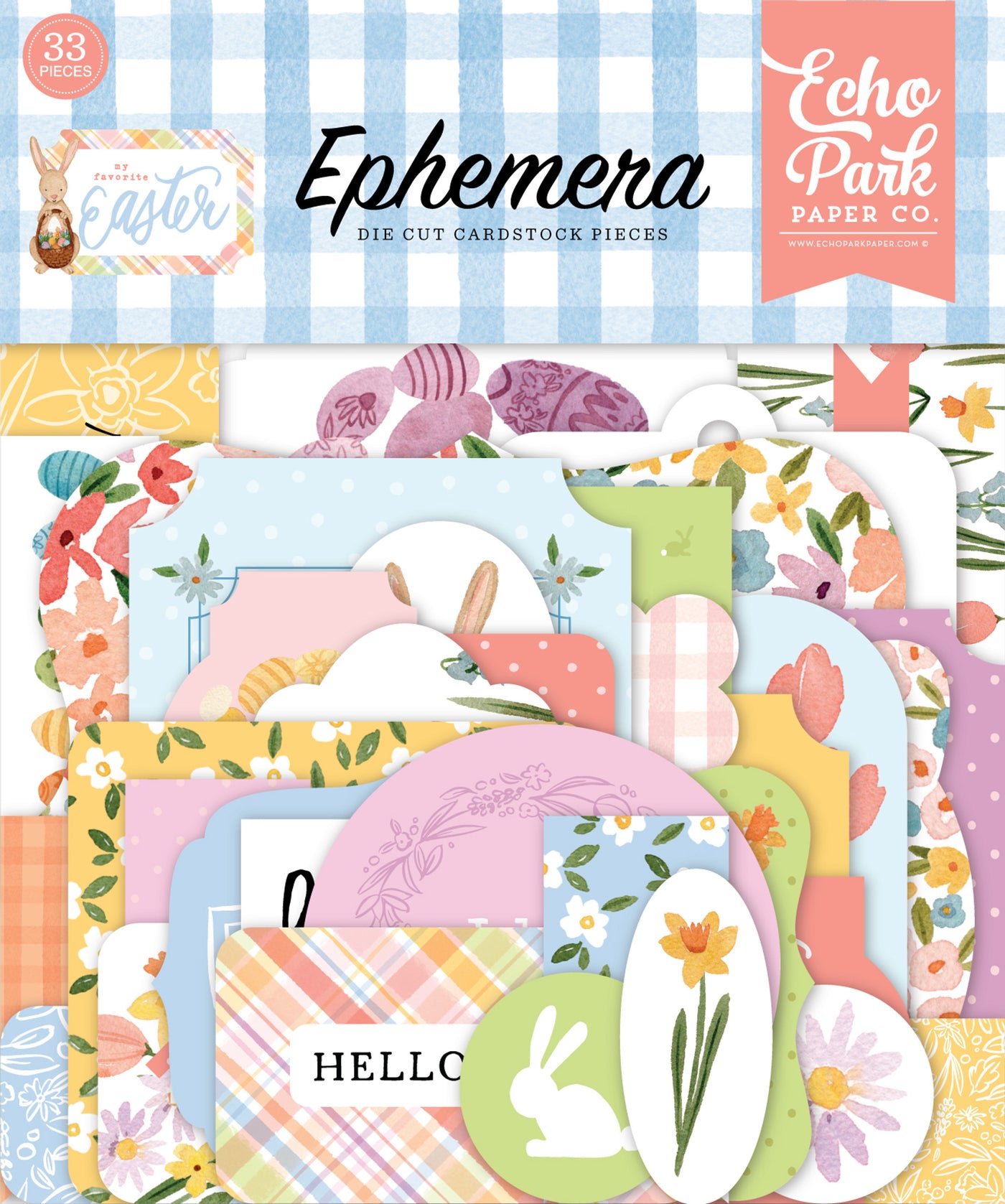 My Favorite Easter Ephemera Die Cut Cardstock Pack. Pack includes 33 different die-cut shapes ready to embellish any project. Package size is 4.5" x 5.25"