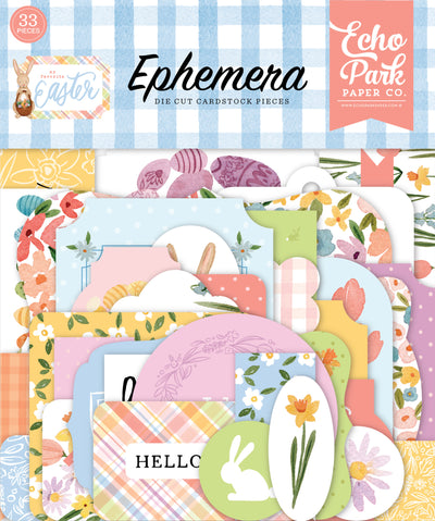 My Favorite Easter Ephemera Die Cut Cardstock Pack. Pack includes 33 different die-cut shapes ready to embellish any project. Package size is 4.5" x 5.25"