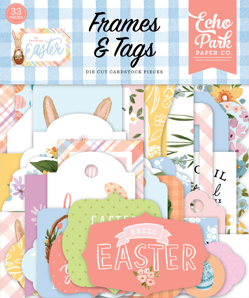 My Favorite Easter Frames & Tags Die Cut Cardstock Pack. Pack includes 33 different die-cut shapes ready to embellish any project. Package size is 4.5" x 5.25"