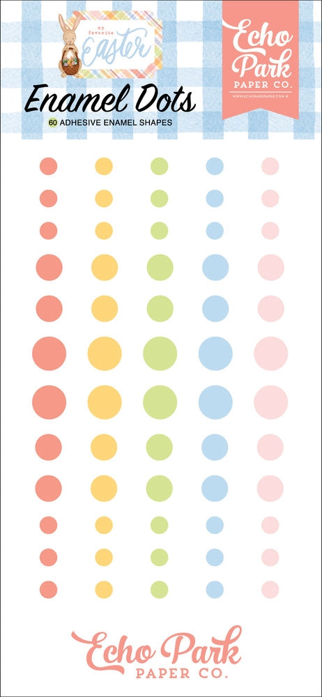 Enamel Dots from the My Favorite Easter Collection by Echo Park Paper. Package includes 60 adhesive enamel dots in a range of sizes with the soothing pastel colors of spring.