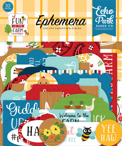 Fun On the Farm Ephemera Die Cut Cardstock Pack. Pack includes 33 different die-cut shapes ready to embellish any project. Package size is 4.5" x 5.25"