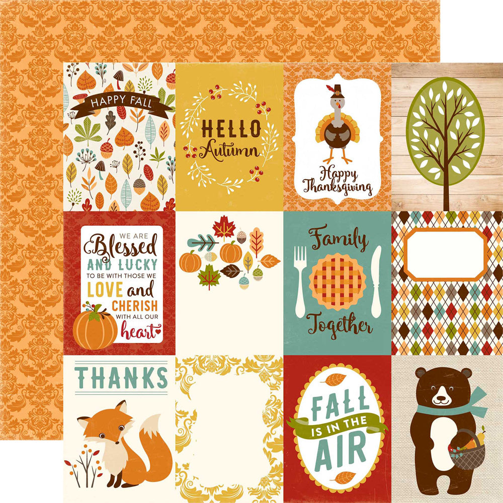 Multi-Colored (Side A - autumn journaling cards in colors of gold, poppy, orange, and light blue, olive green, and brown Side B - orange on orange damask)
