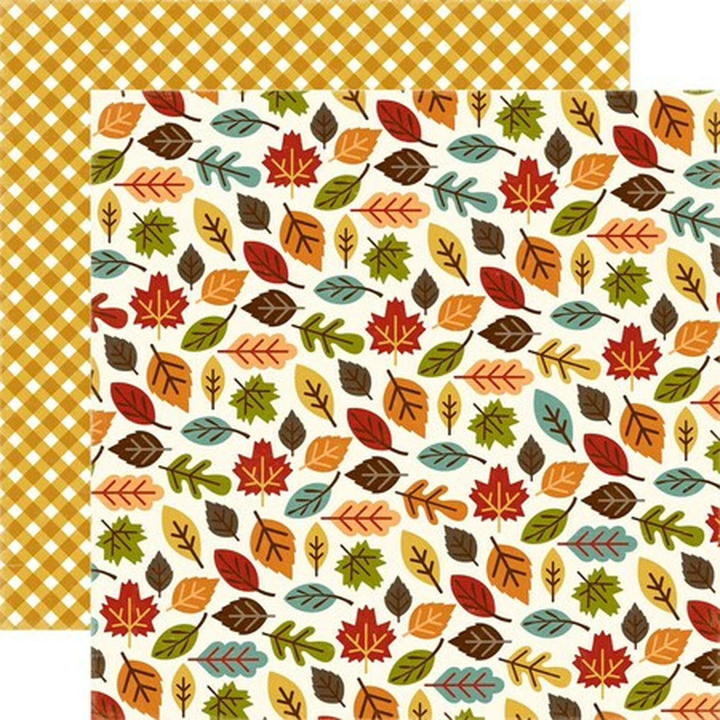 Multi-Colored (Side A - autumn leaves in gold, poppy, orange, light blue, olive green, and brown Side B - mustard yellow gingham on a cream background)