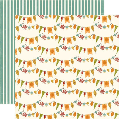 Multi-Colored (Side A - autumn bunting with small gold, poppy, orange, and light blue designs, Side B - sage green stripes on a cream background)