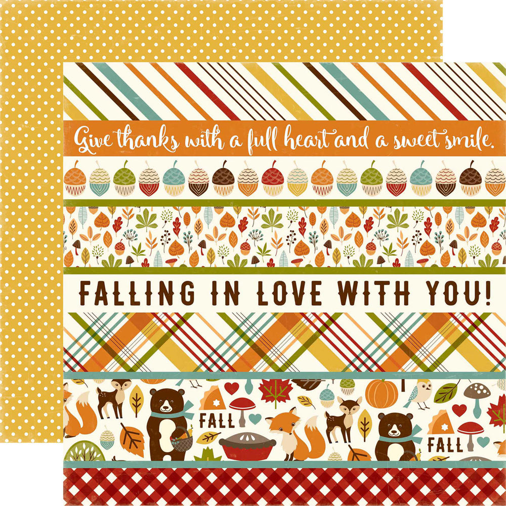 Multi-Colored (Side A - fun fall border strips and phases in gold, poppy, orange, and light blue, olive green, and brown on an off-white background, Side B - off-white polka dots on a mustard yellow background)