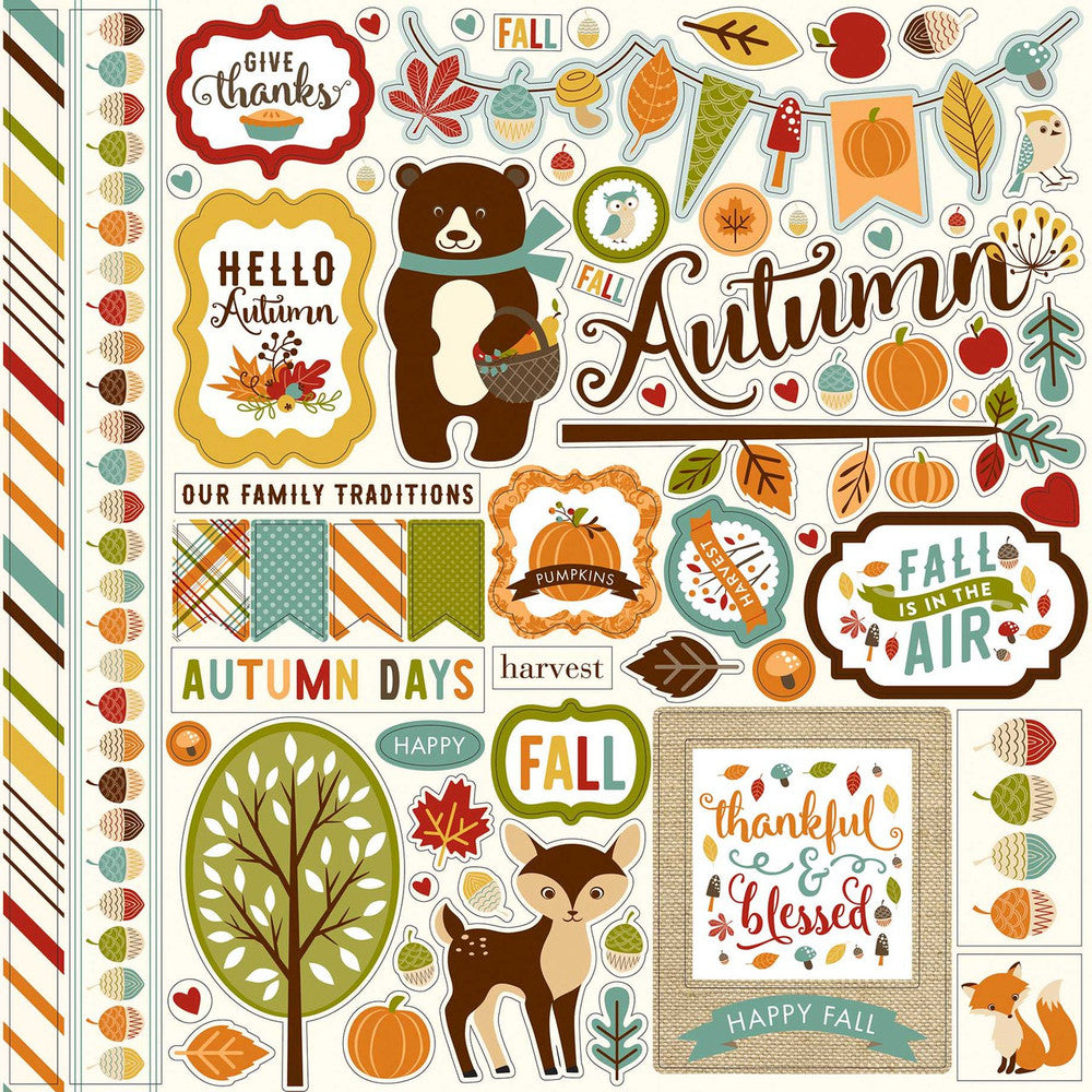 Fall Is In the Air Elements 12" x 12" Cardstock Stickers from Fall Is In the Air Collection by Echo Park. Stickers include phrases, animals, pumpkins, leaves, acorns, and more!