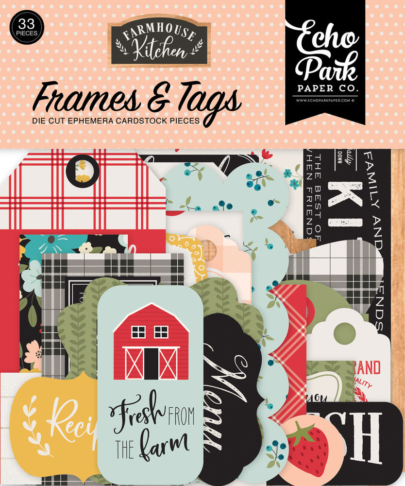 Farmhouse Kitchen Frames & Tags Die Cut Cardstock Pack. Pack includes 33 different die-cut shapes ready to embellish any project. Package size is 4.5" x 5.25"
