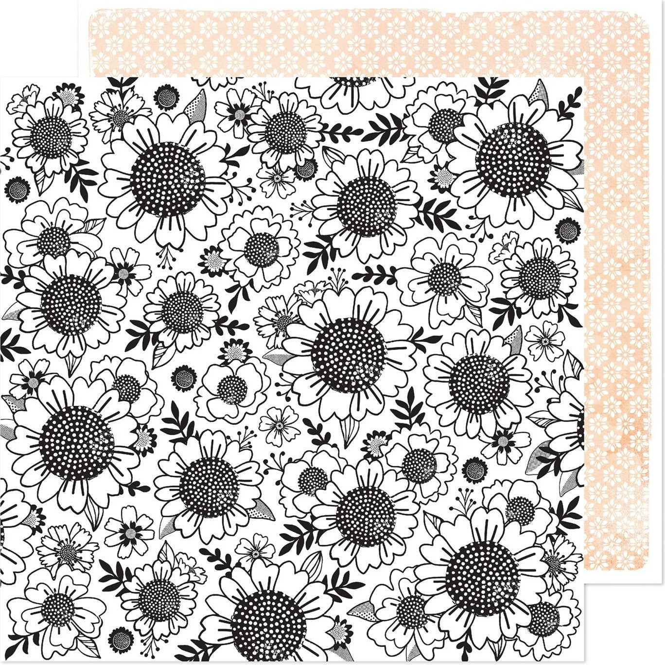 (Side A - black outlines of flowers on a white background, Side B - rows of cute little floral patterns on a peach background)