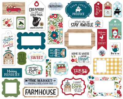 Farmer's Market Frames & Tags Die Cut Cardstock Pack. Pack includes 33 different die-cut shapes ready to embellish any project.