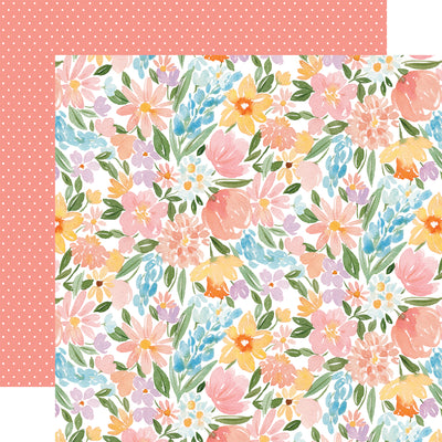 The front side of this paper is filled with beautiful watercolor flowers in shades of pink, coral, blue, and yellow. The reverse side is pink with a white Swiss dot pattern.