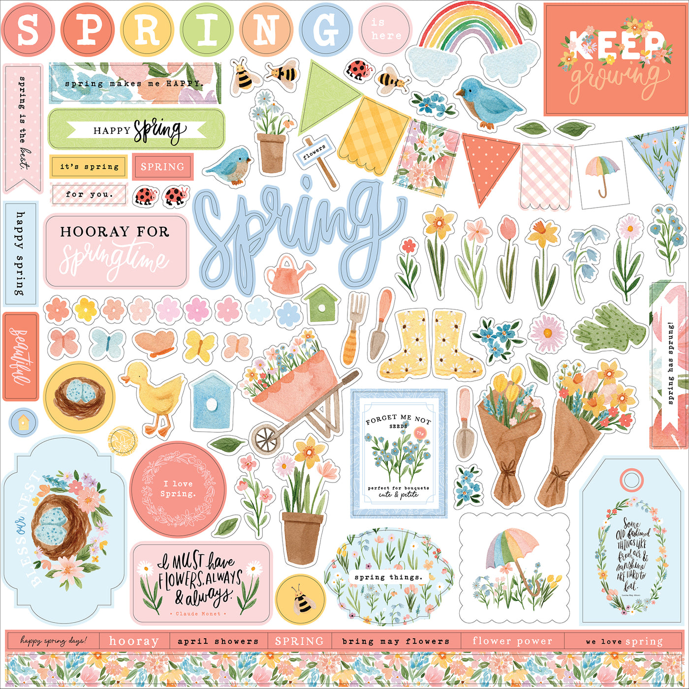 This sheet of stickers is full of spring elements, there are single flowers, bouquets of flowers, more flowers, a banner, the large words spring, a rainbow, rainboots, garden tools, border pieces, tags, bees, birds, framed images, words and phrases, and so much more. 