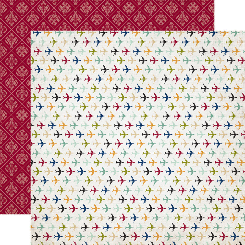 (Side A - little airplanes in various colors on an off-white background, Side B - brocade pattern on a burgundy background)