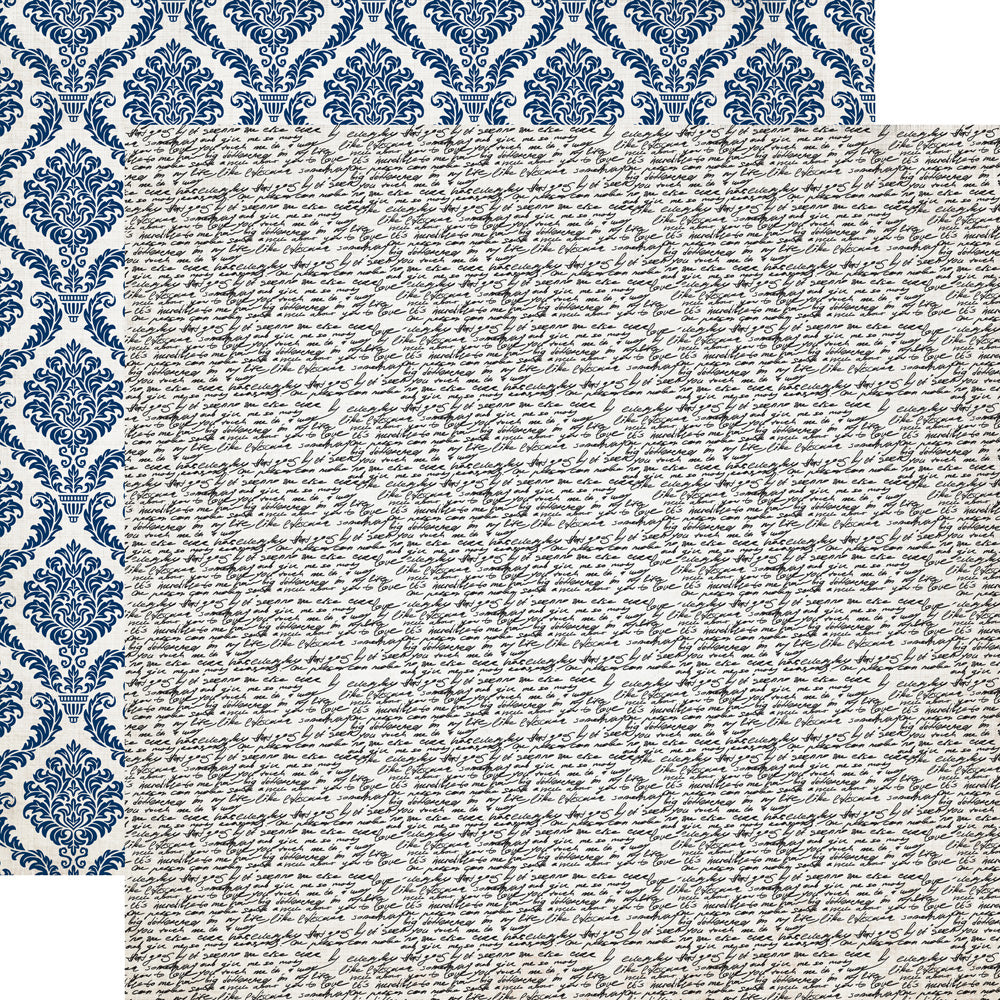 Multi-Colored (Side A - travel script on an off-white background, Side B - navy blue damask pattern on an off-white background)