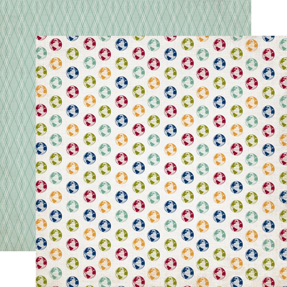 Multi-Colored (Side A - globes in jewel tones on an off-white background, Side B - mint green diamond pattern)