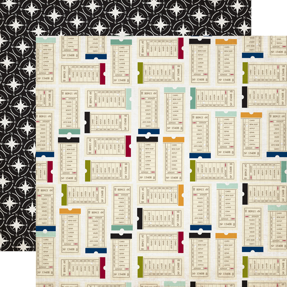 Multi-Colored (Side A - vintage ticket stubs on an off-white background, Side B - black and white compass pattern)