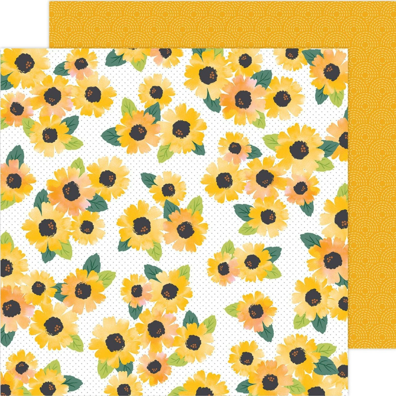(Side A - yellow flowers with green leaves on a white with tiny black polka-dots background, Side B - yellow circular geometric pattern on a golden yellow background)