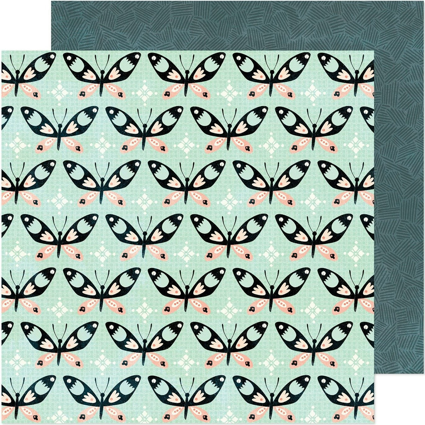 (Side A - black & pink butterflies on an aqua background, Side B -  dark blue background with groups of navy blue lines going in different directions)