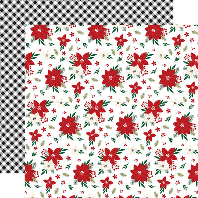(Side A - red poinsettias and other Christmas florals on a white background, Side B - black and white gingham)