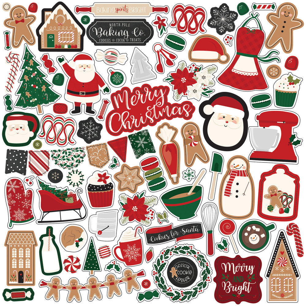 A Gingerbread Christmas Elements 12" x 12" Cardstock Stickers from the A Gingerbread Christmas Collection by Echo Park. These stickers include Santa, gingerbread, a Christmas tree, Christmas candy, baking accessories, and more!  