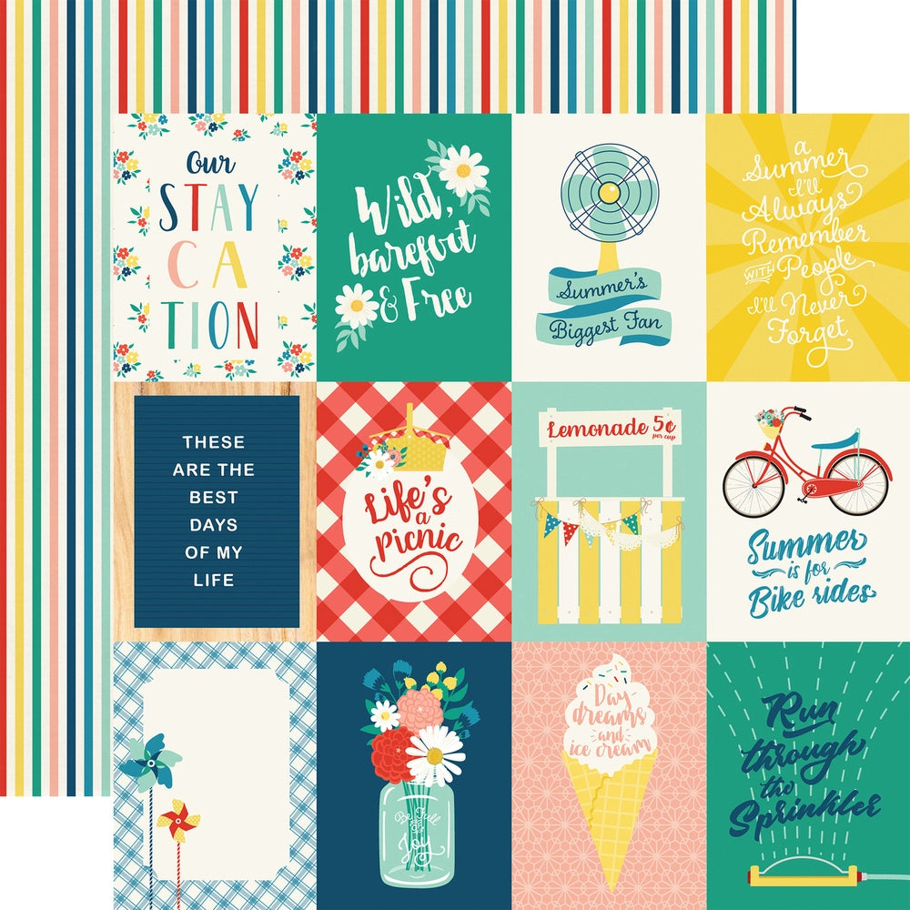 Multi-colored (Side A - fun, colorful summer 3X4 journaling cards and phrases, Side B - bright stripes in red, yellow, green, pink, navy, turquoise, and mint green on an off-white background)