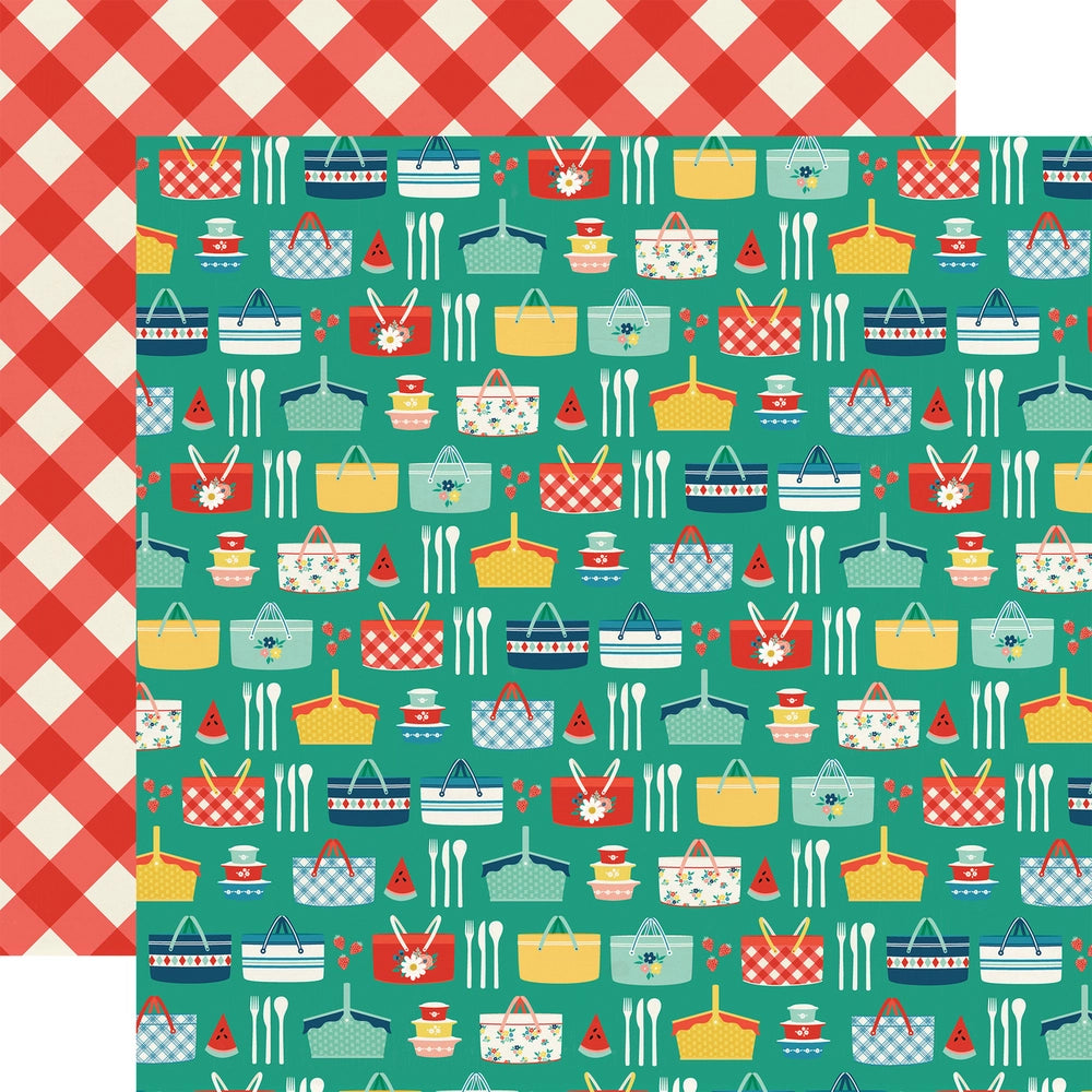 Multi-colored (Side A - fun, colorful picnic baskets on a green background, Side B - red and off-white picnic table plaid)