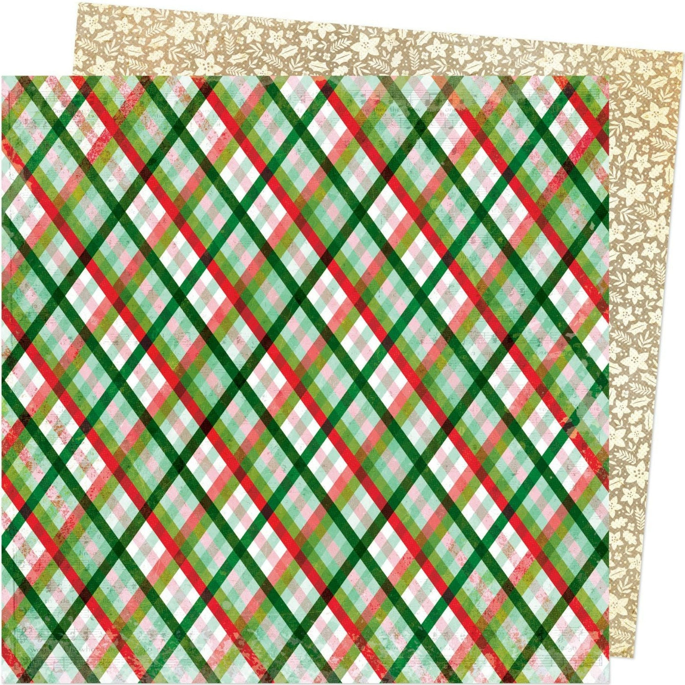 (Side A - green and red and white diagonal plaid, Side B - cream poinsettia and floral etchings on a kraft background)