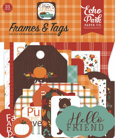 Happy Fall Frames & Tags Die Cut Cardstock Pack. Pack includes 33 different die-cut shapes ready to embellish any project. Package size is 4.5" x 5.25"