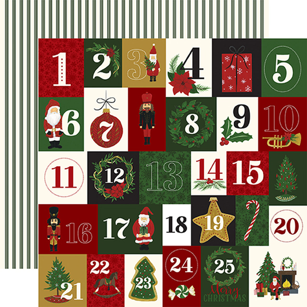 Twenty-Five Days - double sided sheet. (Side A - 25  symbols of Christmas on advent-style numbered squares, Side B - dark green triple stripes on ivory background)