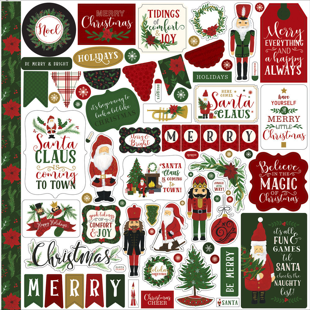 Here Comes Santa Claus Elements 12" x 12" Cardstock Stickers from the Here Comes Santa Claus Collection by Echo Park. These stickers include nutcrackers, Santa, wreaths, banners, frames, tags, and more!  