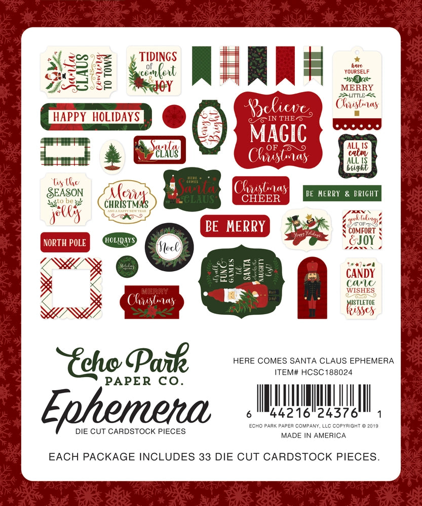 Here Comes Santa Clause Ephemera Die Cut Cardstock Pack. Pack includes 33 different die-cut shapes ready to embellish any project. Package size is 4.5" x 5.25"
