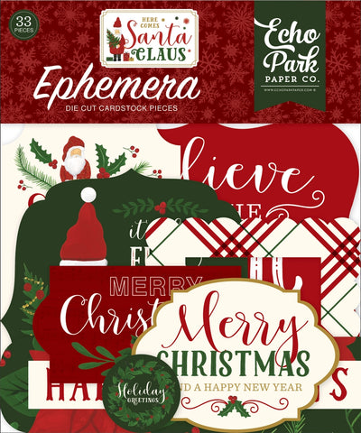 Here Comes Santa Clause Ephemera Die Cut Cardstock Pack. Pack includes 33 different die-cut shapes ready to embellish any project. Package size is 4.5" x 5.25"