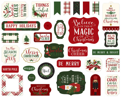 Here Comes Santa Clause Ephemera Die Cut Cardstock Pack. Pack includes 33 different die-cut shapes ready to embellish any project. Package size is 4.5" x 5.25"