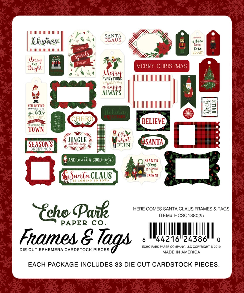 Here Comes Santa Clause Frames & Tags Die Cut Cardstock Pack. Pack includes 33 different die-cut shapes ready to embellish any project. Package size is 4.5" x 5.25"