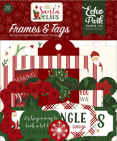 Here Comes Santa Clause Frames & Tags Die Cut Cardstock Pack. Pack includes 33 different die-cut shapes ready to embellish any project. Package size is 4.5" x 5.25"
