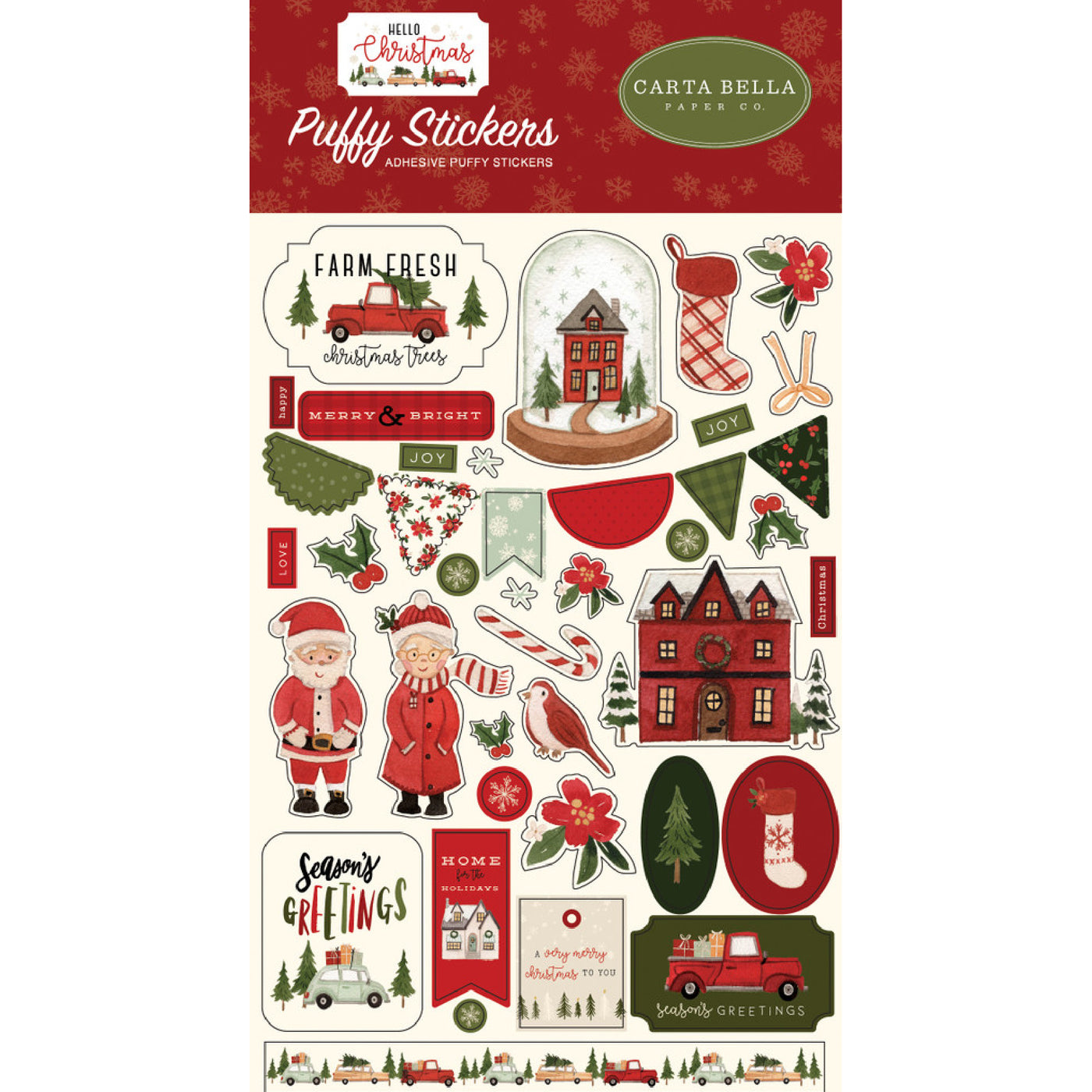 39 Puffy Stickers in various shapes and sizes; adhesive back, designed to coordinate with Hello Christmas Collection by Carta Bella.