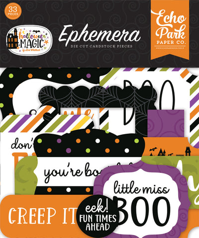 Halloween Magic Ephemera Die Cut Cardstock Pack. Pack includes 33 different die-cut shapes ready to embellish any project. Package size is 4.5" x 5.25"