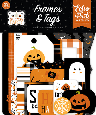 Halloween Party Frames & Tags Die Cut Cardstock Pack. Pack includes 33 different die-cut shapes ready to embellish any project. Package size is 4.5" x 5.25"