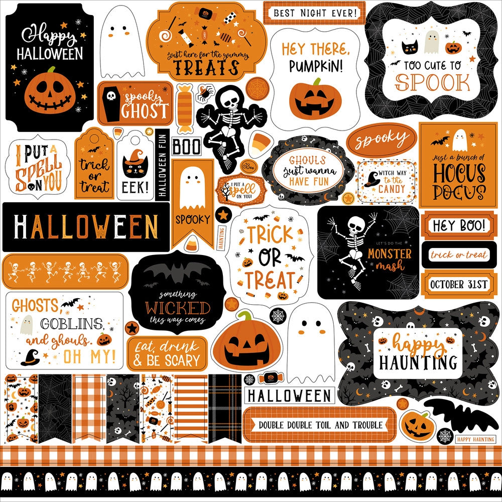 Halloween Elements 12" x 12" Cardstock Stickers from Halloween Party Collection by Echo Park. Stickers include phrases, frames, pumpkins, ghosts, skeletons, and more!